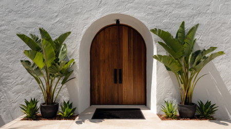Architectural tropical entry, minimalist white stucco wall, arched double wood doors, two banana plants flanking doorway, centered black mat, soft even lightingの素材