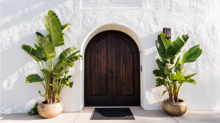Arched dark wood double front door framed by white stucco wall, two large banana plants in planters on either side, black doormat centered, tropical minimalist symmetry, soft natural lightの素材