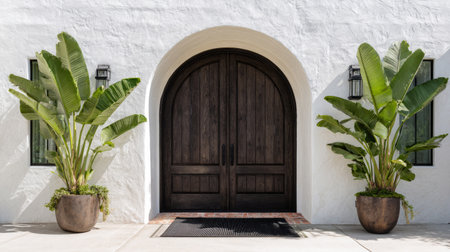 Arched dark wood double front door framed by white stucco wall, two large banana plants in planters on either side, black doormat centered, tropical minimalist symmetry, soft natural lightの素材
