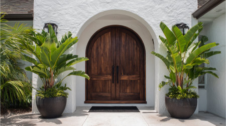 Contemporary tropical doorway, arched dark wood doors, white stucco texture, symmetrical banana planters on either side, black doormat in foreground, tranquil balanceの素材