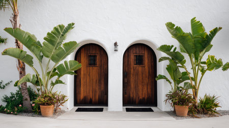 Front exterior with arched dark wood doors and tropical banana plants on both sides, smooth white stucco wall, simple black doormat, symmetrical composition, serene tropical aestheticの素材