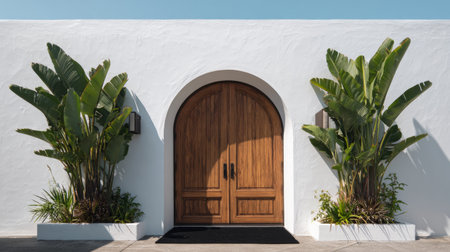 Coastal tropical home facade, arched wooden double doors, smooth white stucco wall, banana plants on each side, centered black doormat, minimalist symmetryの素材