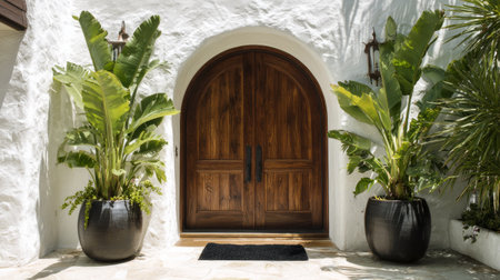 Contemporary tropical doorway, arched dark wood doors, white stucco texture, symmetrical banana planters on either side, black doormat in foreground, tranquil balanceの素材