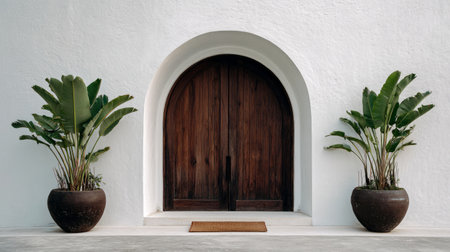 Minimal tropical architecture detail, arched double doors in dark wood, white plastered wall, matching banana planters on either side, centered doormat, balanced modern lookの素材
