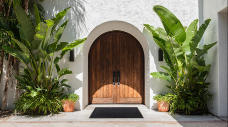 Luxury tropical entry facade, arched solid wood doors, minimalist white stucco surface, green banana plants on both sides, central black doormat, symmetrical sunlight compositionの素材