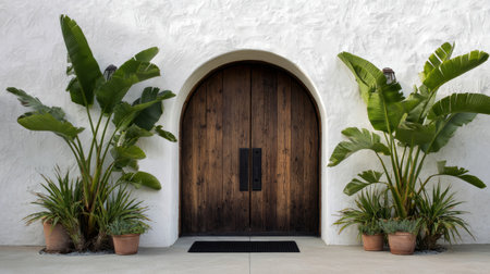 Front exterior with arched dark wood doors and tropical banana plants on both sides, smooth white stucco wall, simple black doormat, symmetrical composition, serene tropical aestheticの素材