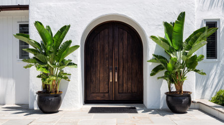 Minimal tropical front door design, dark wood arched double doors, smooth white wall, two banana plants in planters, centered symmetry, black mat on stone floor, clean compositionの素材