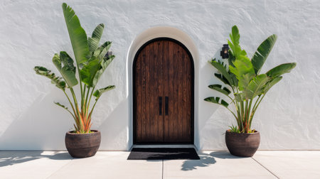 Symmetrical tropical house facade with arched dark wood door, white stucco wall, two banana plants in matching planters, black doormat centered, calm aestheticの素材