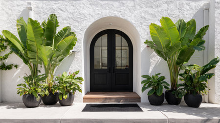 Modern tropical entrance aesthetic, white stucco and dark wood contrast, large banana plants in planters, black mat in foreground, arched doors, symmetrical compositionの素材