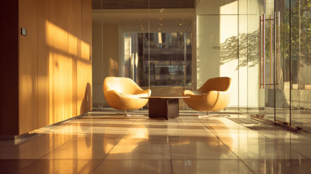 Refined office lobby with minimalist chairs and coffee table, warm sunlight filtering through glass, soft tone gradient on polished surface, central negative space, brand-freeの素材