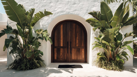 Tropical villa entrance with dark wooden arched double doors, white stucco facade, large banana plants on both sides, centered black doormat, natural daylight, minimalist symmetryの素材