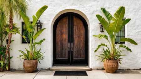 Symmetrical tropical house facade with arched dark wood door, white stucco wall, two banana plants in matching planters, black doormat centered, calm aestheticの素材