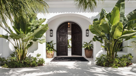 Tropical villa entrance, white stucco arch with dark wood double doors, two large banana plants framing entry, clean symmetry, black floor mat, natural daylightの素材