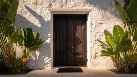 Tropical minimalist doorway, dark wood double doors within white stucco wall, banana plants flanking both sides, black doormat perfectly centered, warm natural light, symmetrical photoの素材