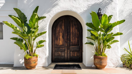 Arched dark wood double front door framed by white stucco wall, two large banana plants in planters on either side, black doormat centered, tropical minimalist symmetry, soft natural lightの素材