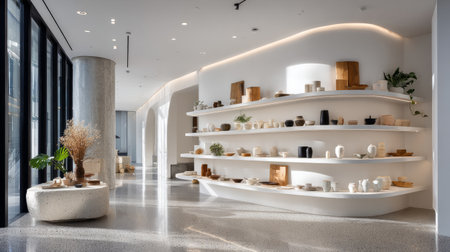 Modern minimalist ceramics retail concept, curved shelving wall with white pottery, sunlight through glass walls, terrazzo floor, precision architectural photographyの素材