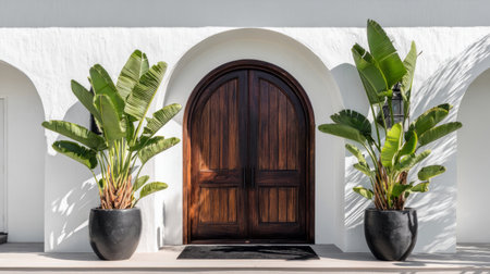 Modern tropical house entrance featuring arched dark wood double doors, white stucco background, banana plants in tall planters, balanced symmetry, black doormat, editorial photo styleの素材