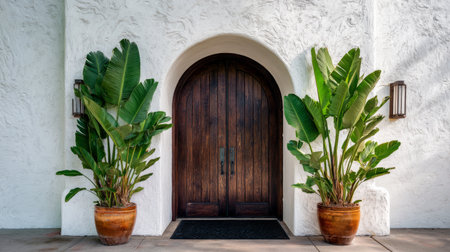 Elegant tropical entryway, rich dark wooden arched doors centered on white stucco wall, two banana plants in terracotta planters, black doormat, symmetrical photographyの素材
