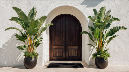 Modern tropical house entrance featuring arched dark wood double doors, white stucco background, banana plants in tall planters, balanced symmetry, black doormat, editorial photo styleの素材