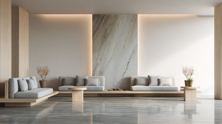 Minimal office interior with light gray sofas, wooden side table, elegant stone flooring reflecting soft light, calm tone, centered empty area for text, premium editorial photoの素材