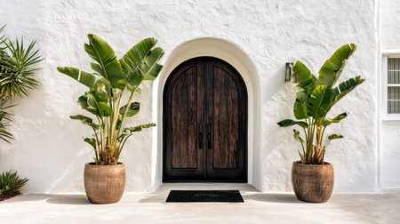 Symmetrical tropical house facade with arched dark wood door, white stucco wall, two banana plants in matching planters, black doormat centered, calm aestheticの素材