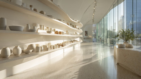 Modern minimalist ceramics retail concept, curved shelving wall with white pottery, sunlight through glass walls, terrazzo floor, precision architectural photographyの素材