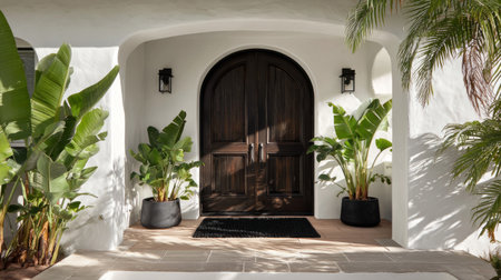 Modern tropical front entry, dark wood arched doors framed by white stucco, banana plants in matching planters, black mat on tiled floor, calm sunlight, symmetrical designの素材
