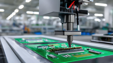 Robotic arm applying precise solder to a green printed circuit board under bright factory lights, showcasing advanced automation in electronics manufacturingの素材