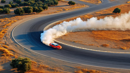 Aerial shot of formula race car drifting through a turn, dust and debris flying, dramatic motionの素材