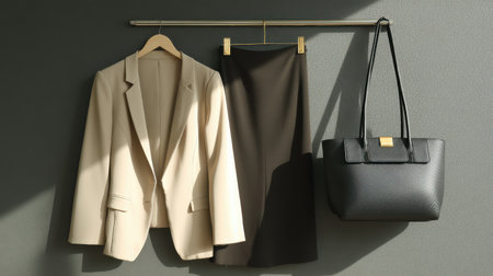 Hanging business suit ensemble on dark wall, elegant shadows emphasizing luxury professional lookの素材