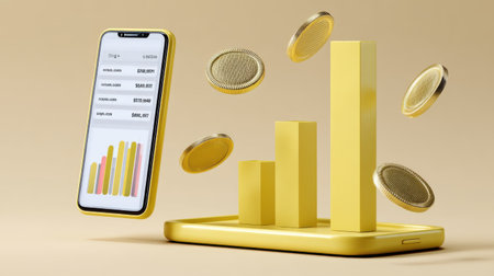 Digital illustration of phone showing earnings dashboard with floating gold coinsの素材