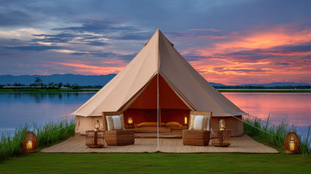 Isolated illuminated tent forming a peaceful oasis, warm lantern light contrasting vibrant sunsetの素材