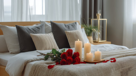 Dreamy Valentine bedroom style with candles and roses beside pillows, elegant blank text areaの素材