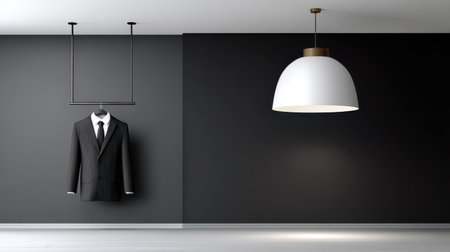 Corporate attire concept with suit and tie hanging alone on dark wall, minimalist modern designの素材