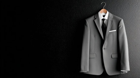 Black suit displayed on hanger against black wall, subtle spotlight enhancing professional eleganceの素材