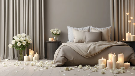 Elegant bedroom decorated with white roses and candles, Valentine ambiance with large banner spaceの素材