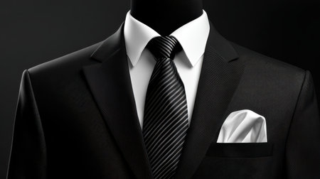 Classic black suit and tie composition on dark background, luxury formal wear sceneの素材