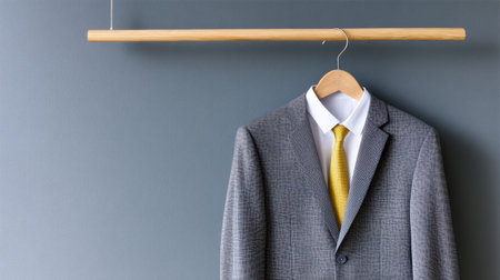 Corporate attire concept with suit and tie hanging alone on dark wall, minimalist modern designの素材