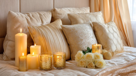 Dreamy Valentine bedroom style with candles and roses beside pillows, elegant blank text areaの素材