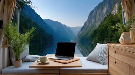 Laptop on foldable wooden table inside van, panoramic view of still mountain lake and misty peaksの素材