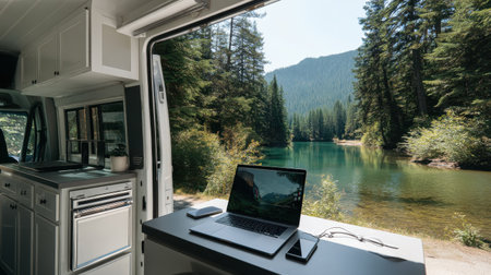 Laptop workspace in camper van, bright natural light from open doors showing quiet mountain lakeの素材