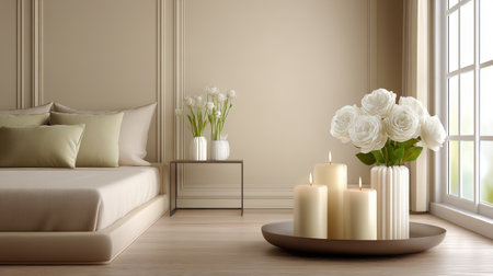 Minimalist bedroom shot with candles and white roses glowing softly, wide blank space for Valentine textの素材