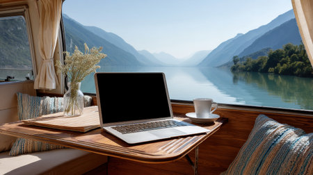 Laptop set on handmade wooden desk inside camper van, fog lifting over tranquil mountain lake outsideの素材