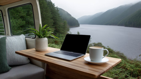 Laptop set on handmade wooden desk inside camper van, fog lifting over tranquil mountain lake outsideの素材