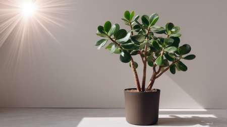 Potted jade plant against minimalist neutral wall, sunlight flare and wide empty text bannerの素材