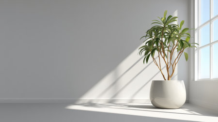 Modern minimalist decor with jade plant illuminated by window light, wide blank banner zoneの素材