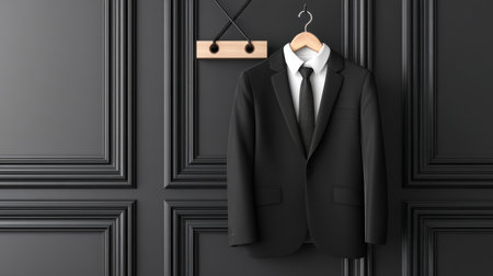 Minimalist corporate concept with crisp black suit and tie hanging against seamless black wallの素材