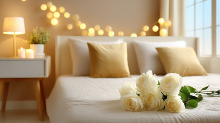 Soft candlelight glowing around white roses on bed, warm romantic mood with blank copy space areaの素材