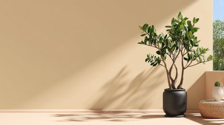 Potted jade plant near sunlit wall, soft shadows and empty banner area for text placementの素材