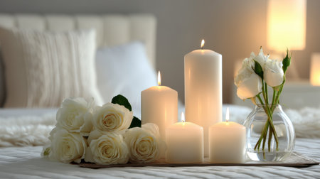 Warm and cozy Valentine bedroom scene, candles flickering around white roses with clean copy areaの素材